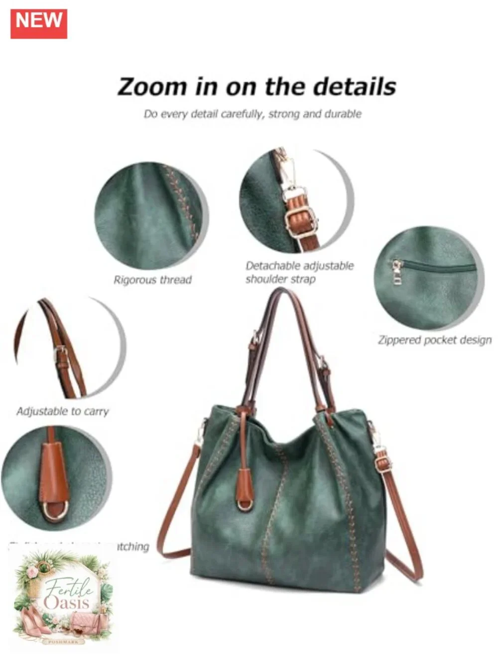 Vintage PU Leather Hobo Shoulder Bag, Tote with Rivets